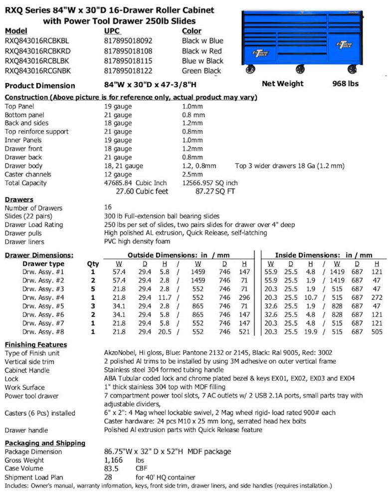 84 in tool box specifications